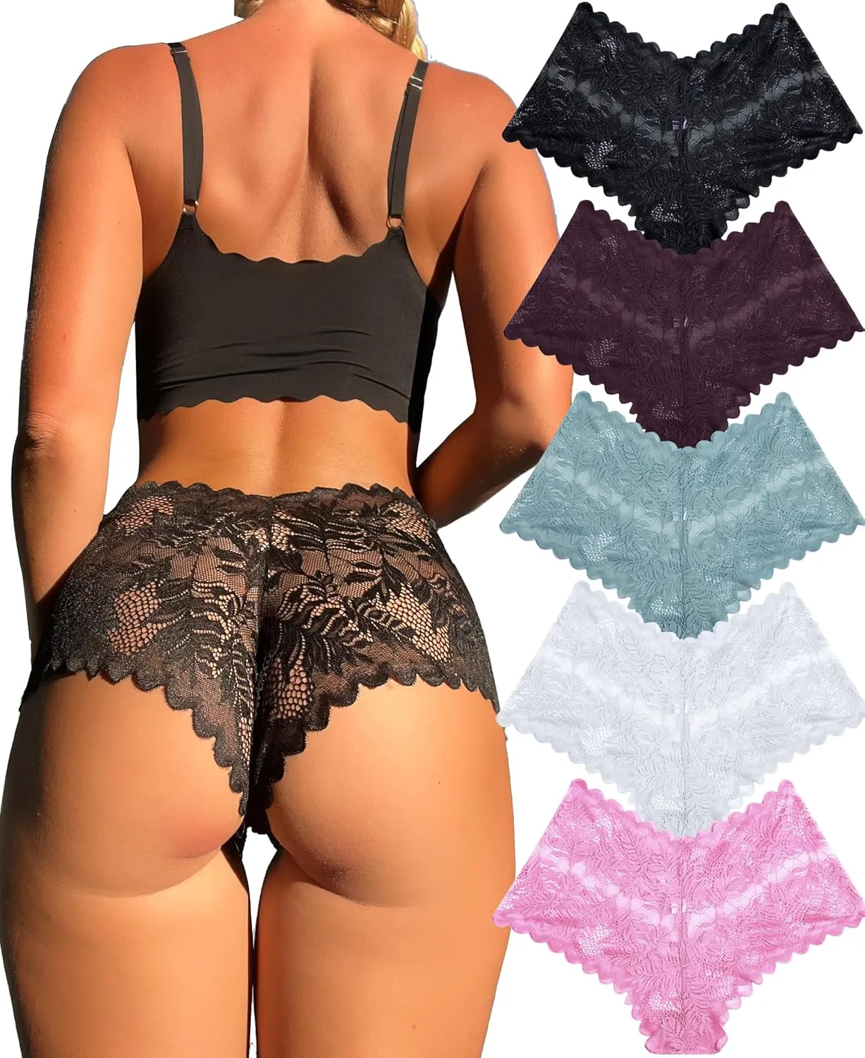 FINETOO Sexy Underwear for Women V-Waist Shorts Women' s Underwear Lightweight Soft Lace High Waist Panties 5 Pack