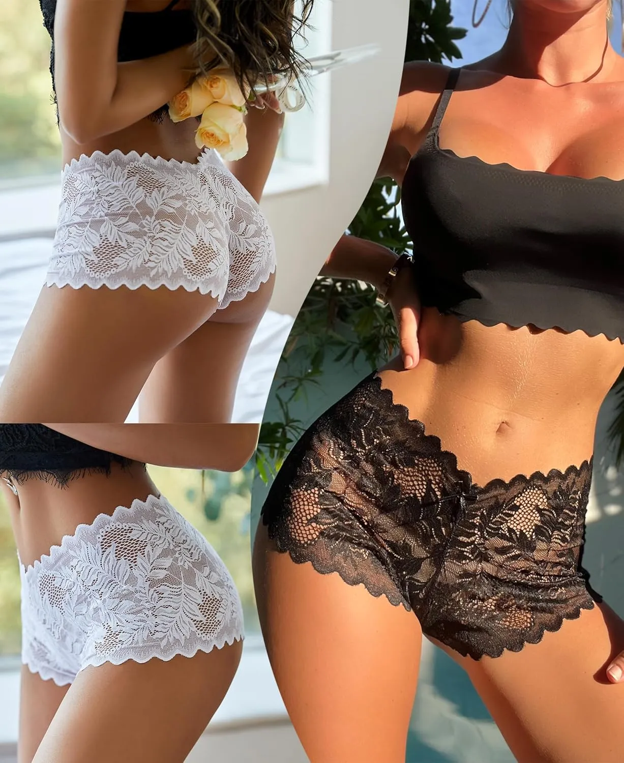 FINETOO Sexy Underwear for Women V-Waist Shorts Women' s Underwear Lightweight Soft Lace High Waist Panties 5 Pack