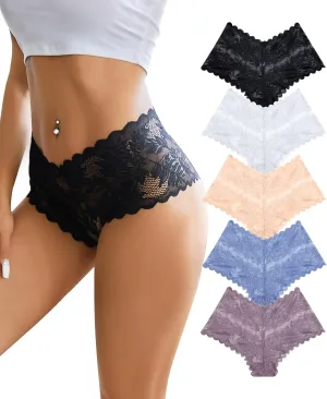 FINETOO Sexy Underwear for Women V-Waist Shorts Women' s Underwear Lightweight Soft Lace High Waist Panties 5 Pack