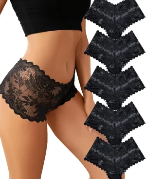 FINETOO Sexy Underwear for Women V-Waist Shorts Women' s Underwear Lightweight Soft Lace High Waist Panties 5 Pack