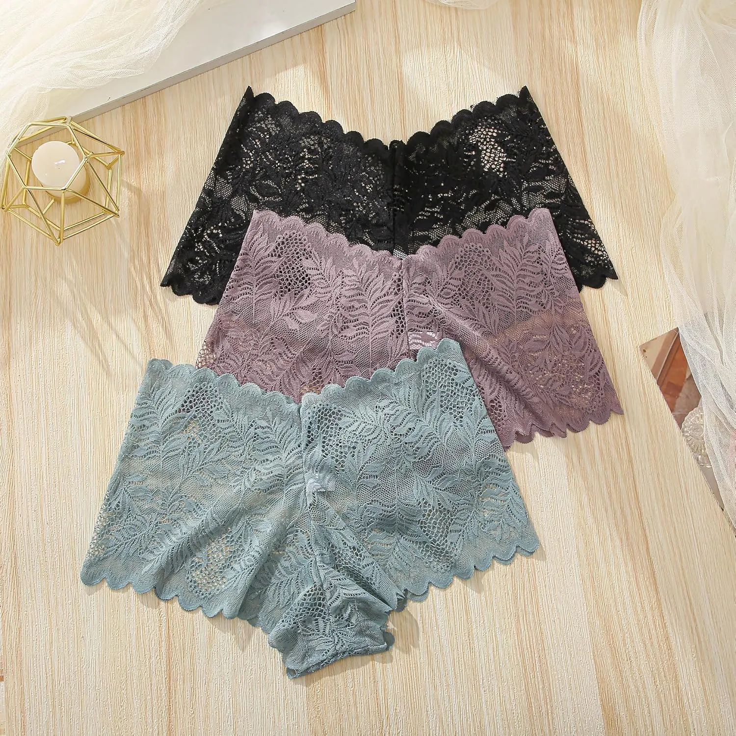 FINETOO Sexy Underwear for Women V-Waist Shorts Women' s Underwear Lightweight Soft Lace High Waist Panties 5 Pack