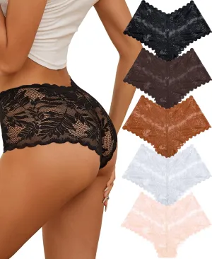 FINETOO Sexy Underwear for Women V-Waist Shorts Women' s Underwear Lightweight Soft Lace High Waist Panties 5 Pack