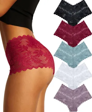 FINETOO Sexy Underwear for Women V-Waist Shorts Women' s Underwear Lightweight Soft Lace High Waist Panties 5 Pack