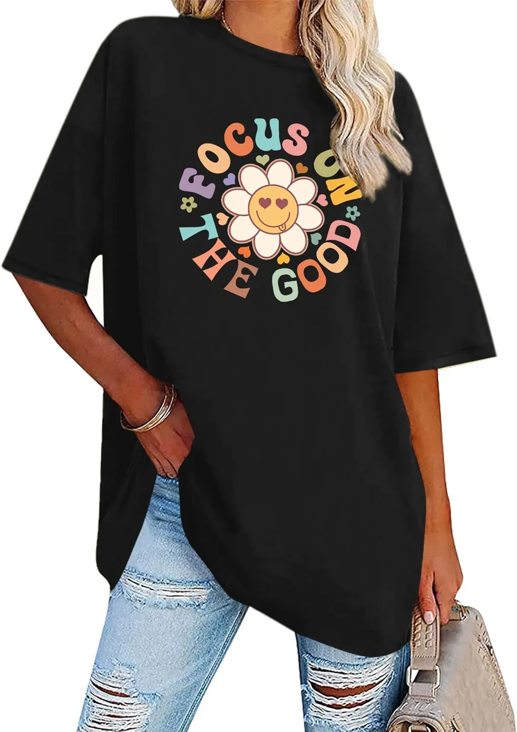 Focus On The Good Oversized Graphic T-Shirts Women Daisy Cute Flower Trendy Girls Preppy Shirt