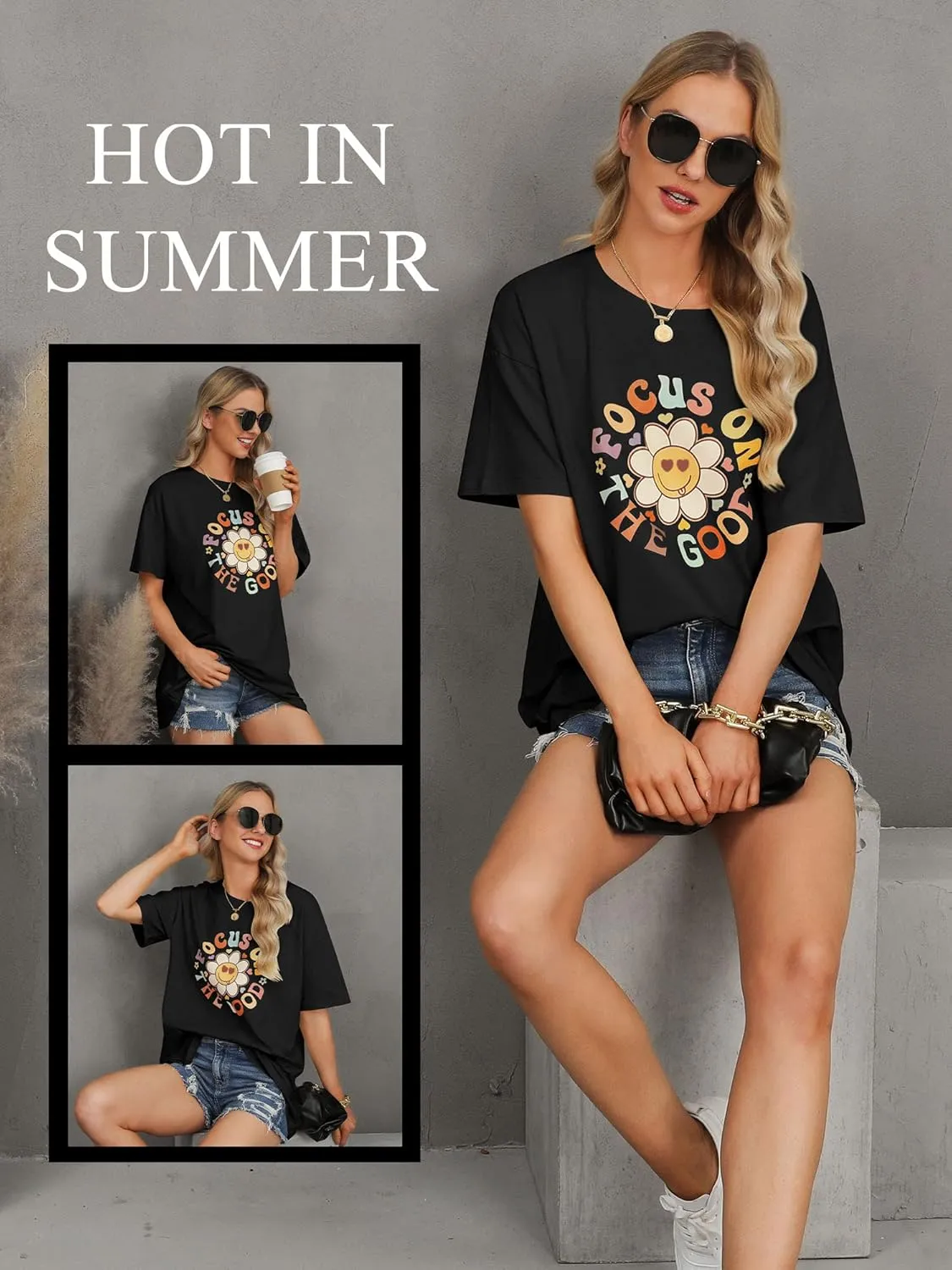 Focus On The Good Oversized Graphic T-Shirts Women Daisy Cute Flower Trendy Girls Preppy Shirt