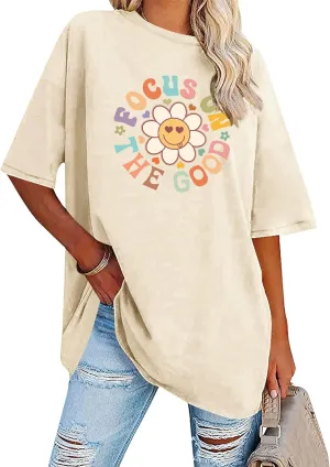 Focus On The Good Oversized Graphic T-Shirts Women Daisy Cute Flower Trendy Girls Preppy Shirt