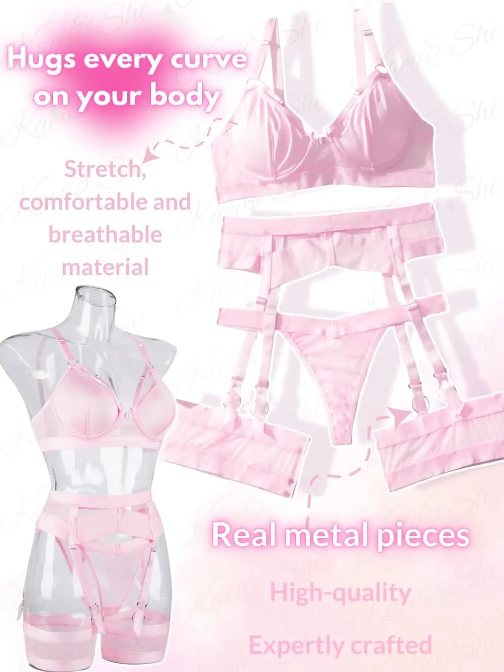 Garter Lingerie for Women,Sexy Lace Lingerie,Sheer Matching 4 Piece Lingerie Set