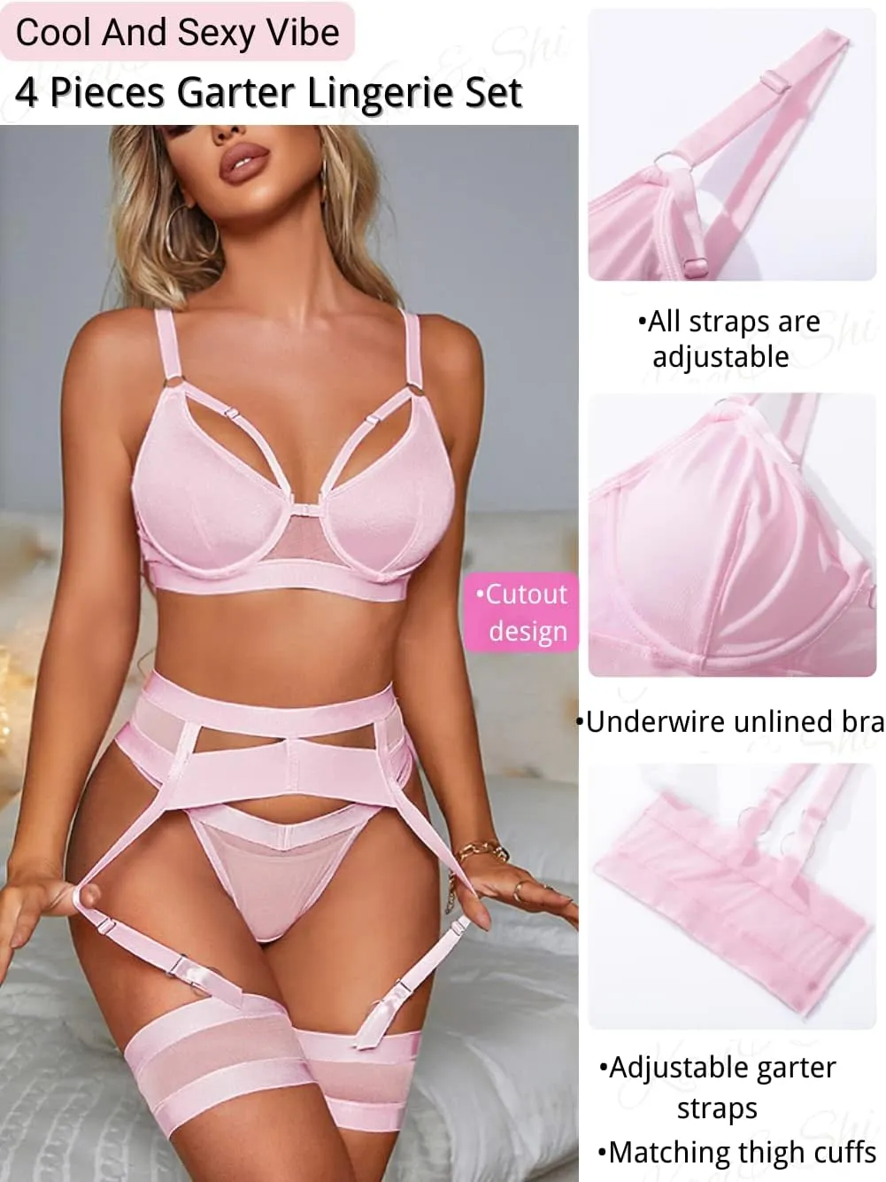 Garter Lingerie for Women,Sexy Lace Lingerie,Sheer Matching 4 Piece Lingerie Set