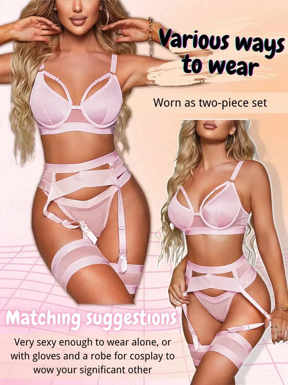 Garter Lingerie for Women,Sexy Lace Lingerie,Sheer Matching 4 Piece Lingerie Set