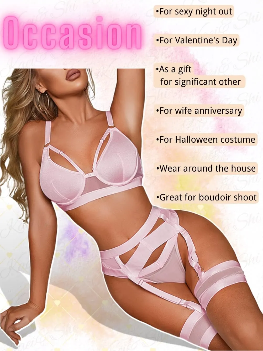 Garter Lingerie for Women,Sexy Lace Lingerie,Sheer Matching 4 Piece Lingerie Set