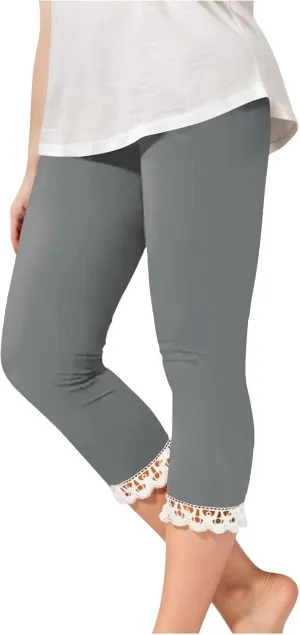 Girls Cutout Capri Leggings for Kids Yoga Cropped Pants Stretch Knee Length Lounge Pants Lace Trim Short Bottoms