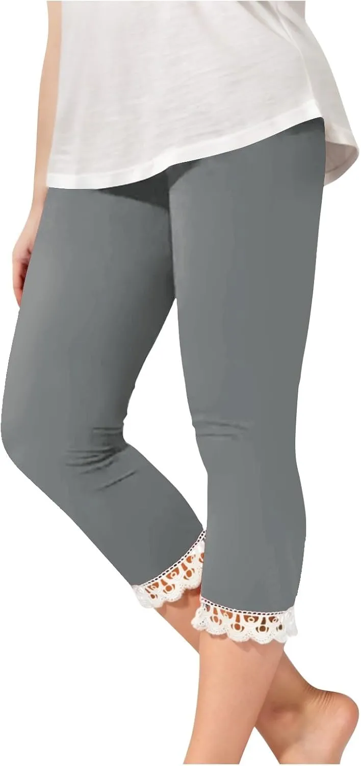 Girls Cutout Capri Leggings for Kids Yoga Cropped Pants Stretch Knee Length Lounge Pants Lace Trim Short Bottoms