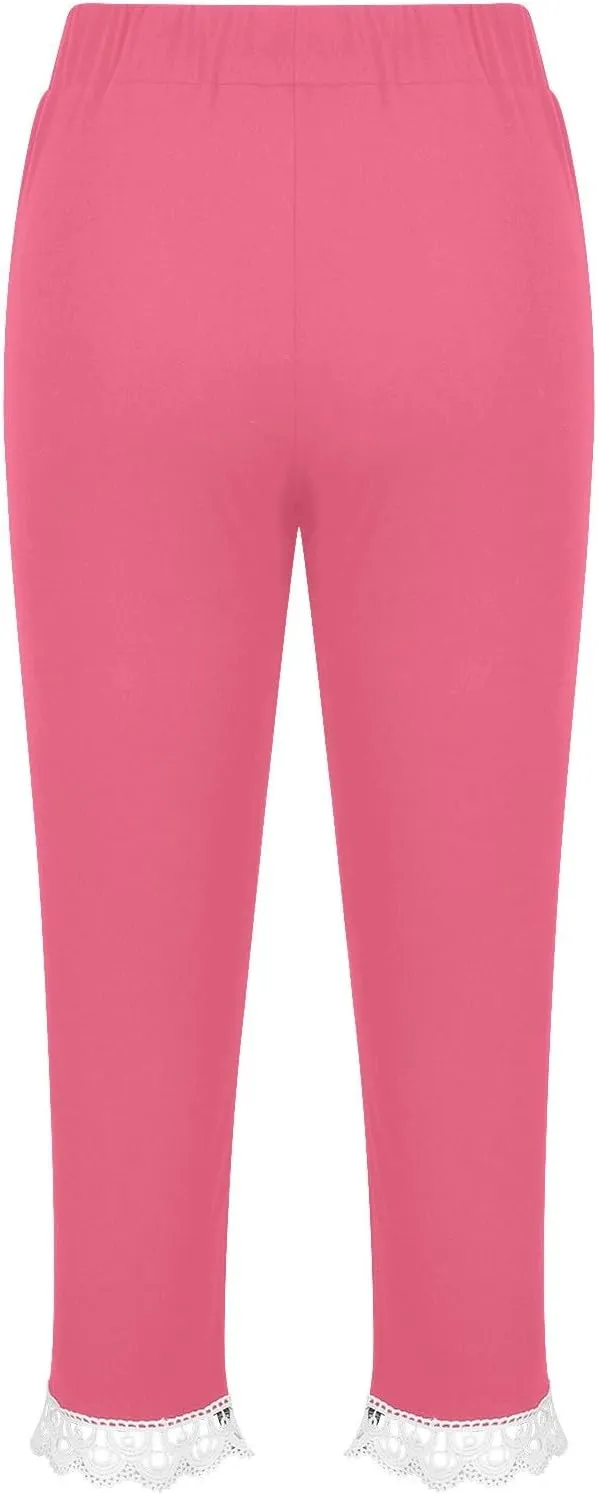 Girls Cutout Capri Leggings for Kids Yoga Cropped Pants Stretch Knee Length Lounge Pants Lace Trim Short Bottoms