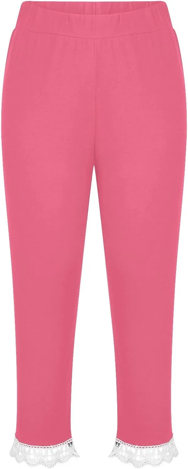 Girls Cutout Capri Leggings for Kids Yoga Cropped Pants Stretch Knee Length Lounge Pants Lace Trim Short Bottoms
