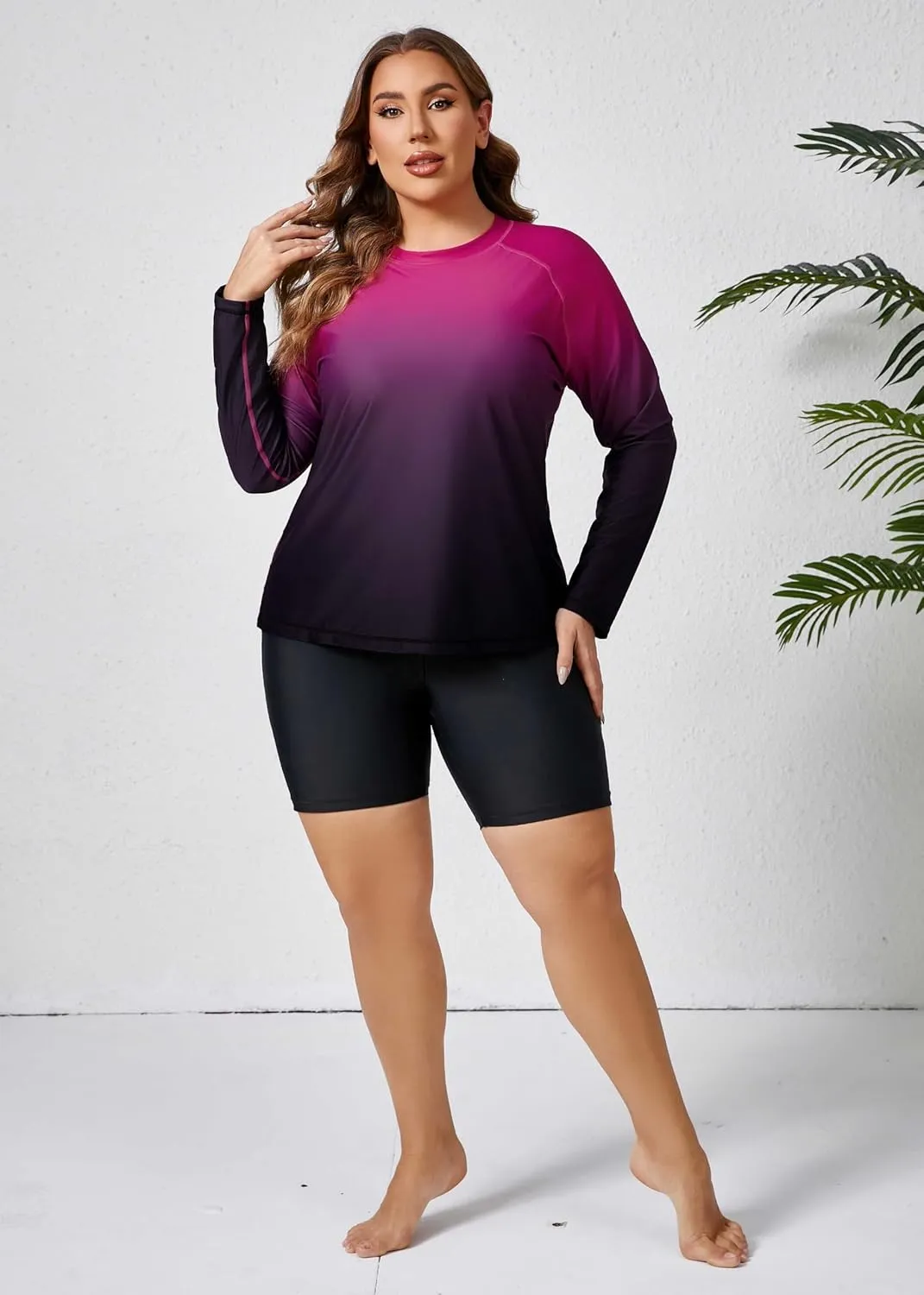 Halcurt Women's Built in Bra Long Sleeve Rash Guard Plus Size 2 Piece Swimsuit Shirt and Shorts