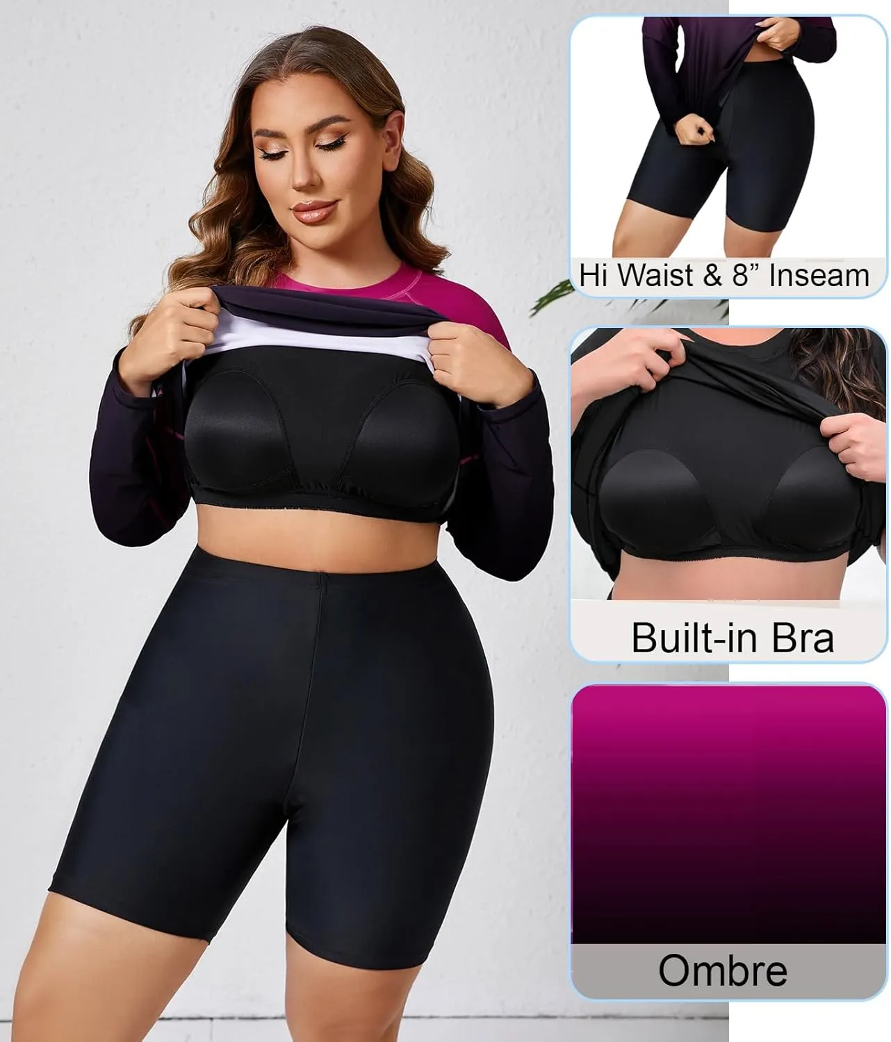 Halcurt Women's Built in Bra Long Sleeve Rash Guard Plus Size 2 Piece Swimsuit Shirt and Shorts