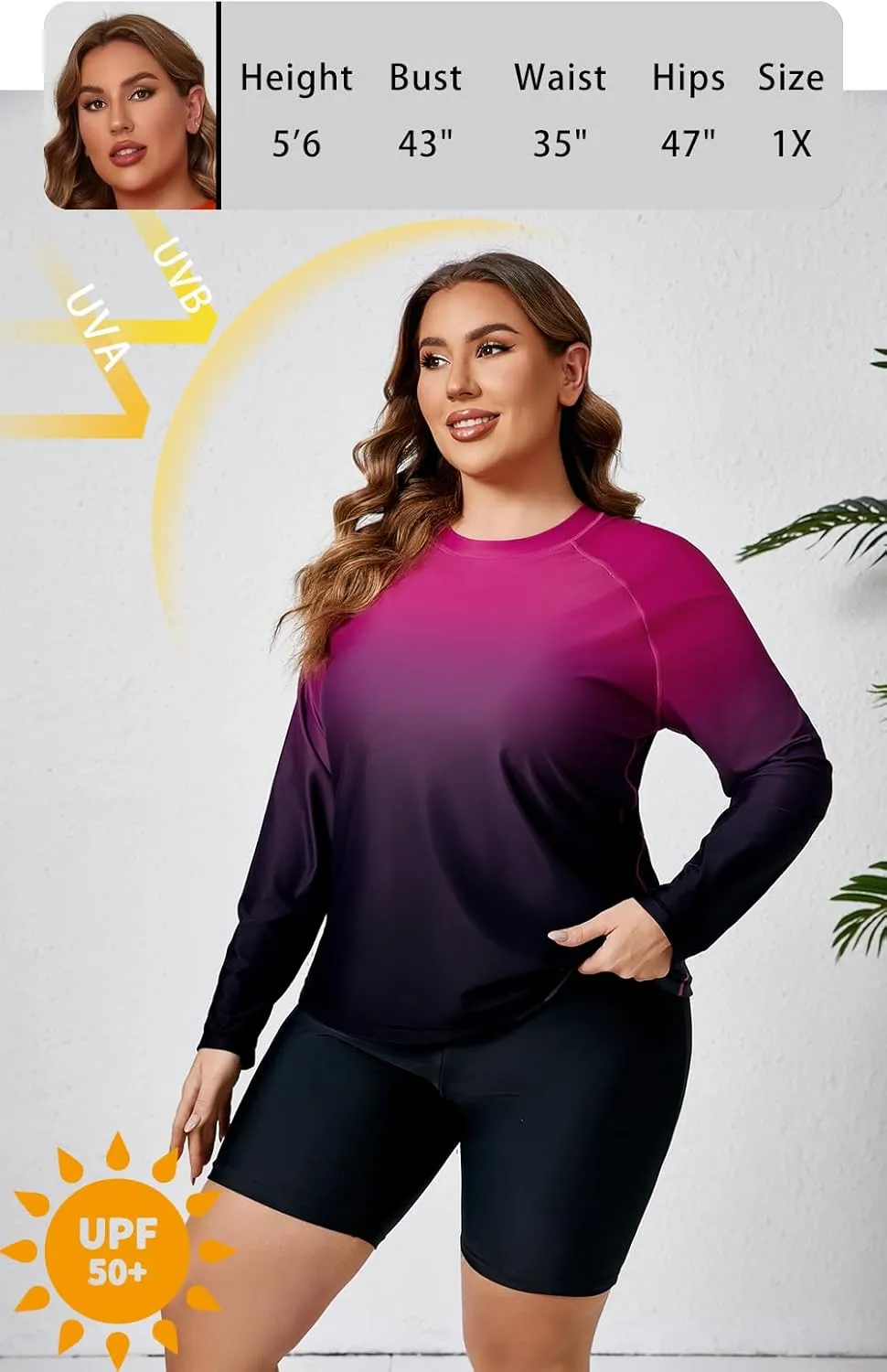 Halcurt Women's Built in Bra Long Sleeve Rash Guard Plus Size 2 Piece Swimsuit Shirt and Shorts