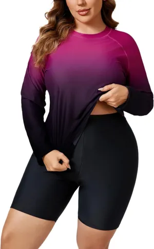Halcurt Women's Built in Bra Long Sleeve Rash Guard Plus Size 2 Piece Swimsuit Shirt and Shorts