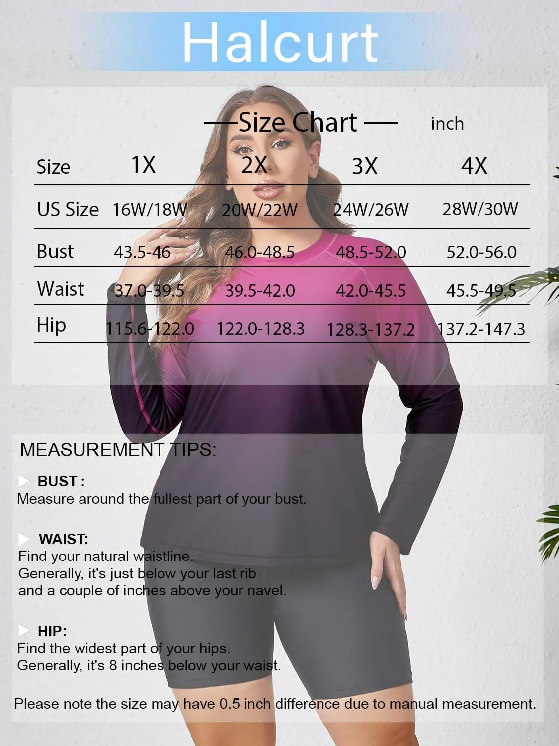 Halcurt Women's Built in Bra Long Sleeve Rash Guard Plus Size 2 Piece Swimsuit Shirt and Shorts