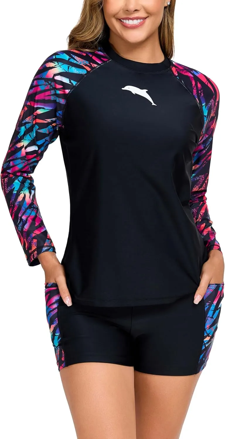 Halcurt Women's Built in Bra Rash Guard Long Sleeve Swimwear UPF 50 Two Piece Swim Shorts and Tops