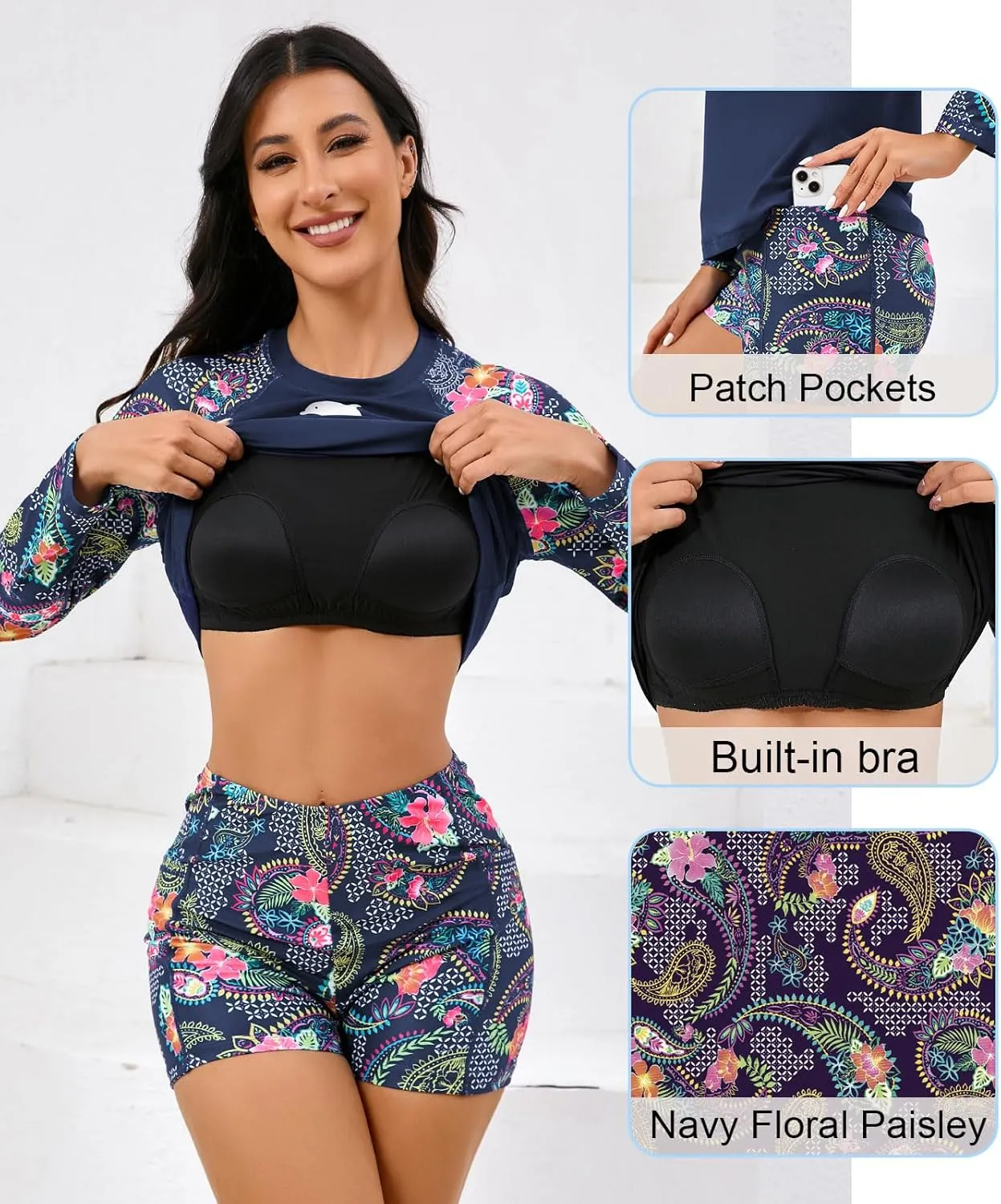 Halcurt Women's Built in Bra Rash Guard Long Sleeve Swimwear UPF 50 Two Piece Swim Shorts and Tops