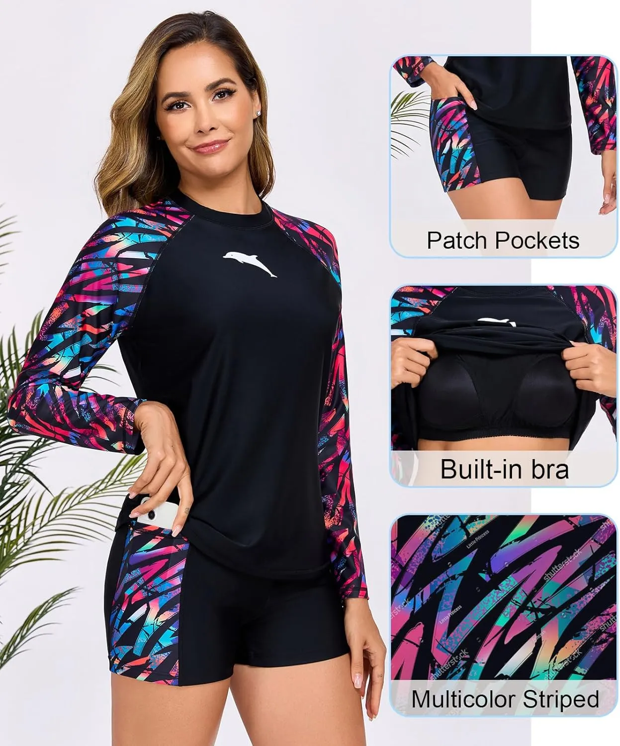 Halcurt Women's Built in Bra Rash Guard Long Sleeve Swimwear UPF 50 Two Piece Swim Shorts and Tops