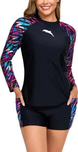 Halcurt Women's Built in Bra Rash Guard Long Sleeve Swimwear UPF 50 Two Piece Swim Shorts and Tops