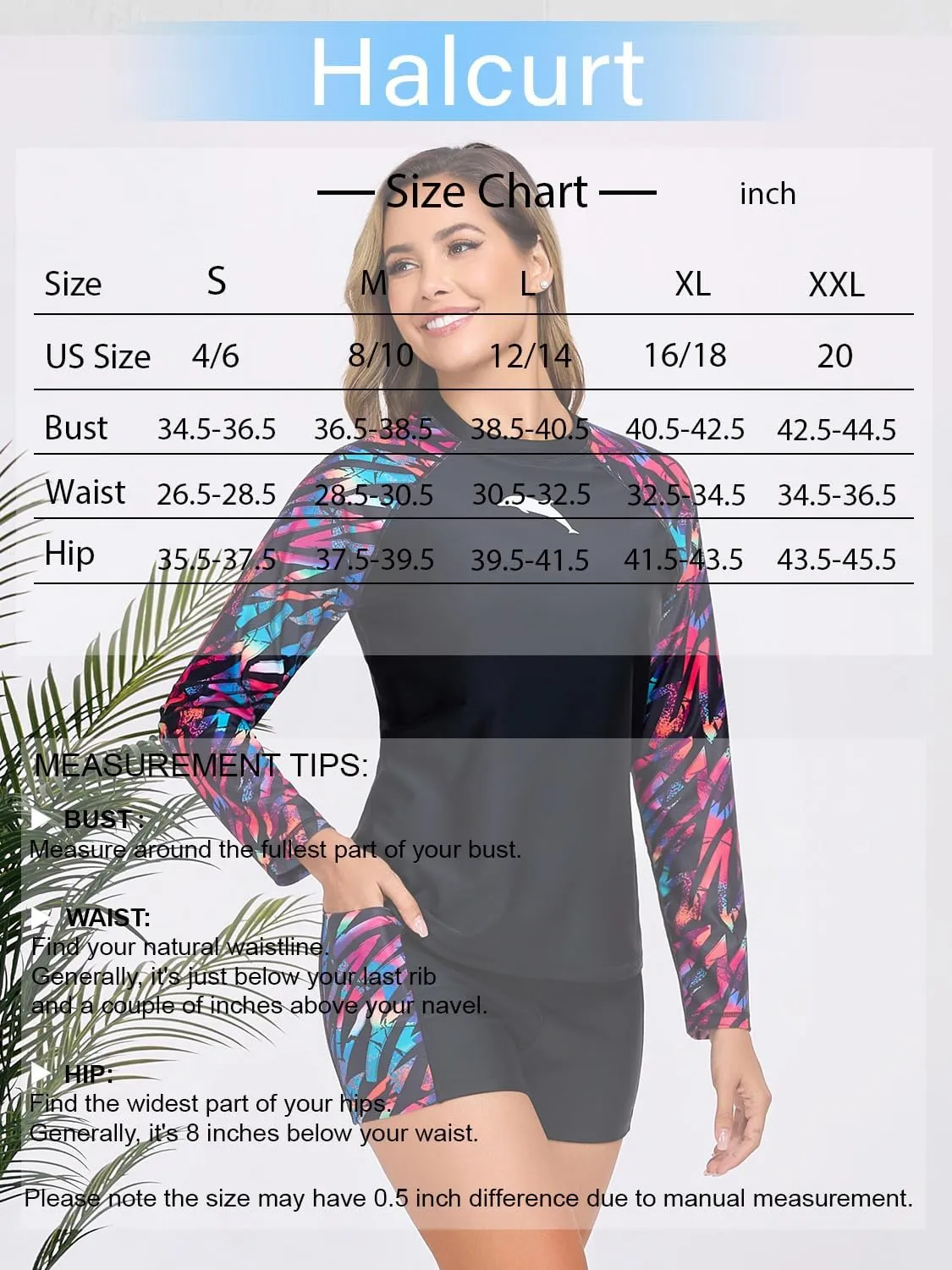 Halcurt Women's Built in Bra Rash Guard Long Sleeve Swimwear UPF 50 Two Piece Swim Shorts and Tops