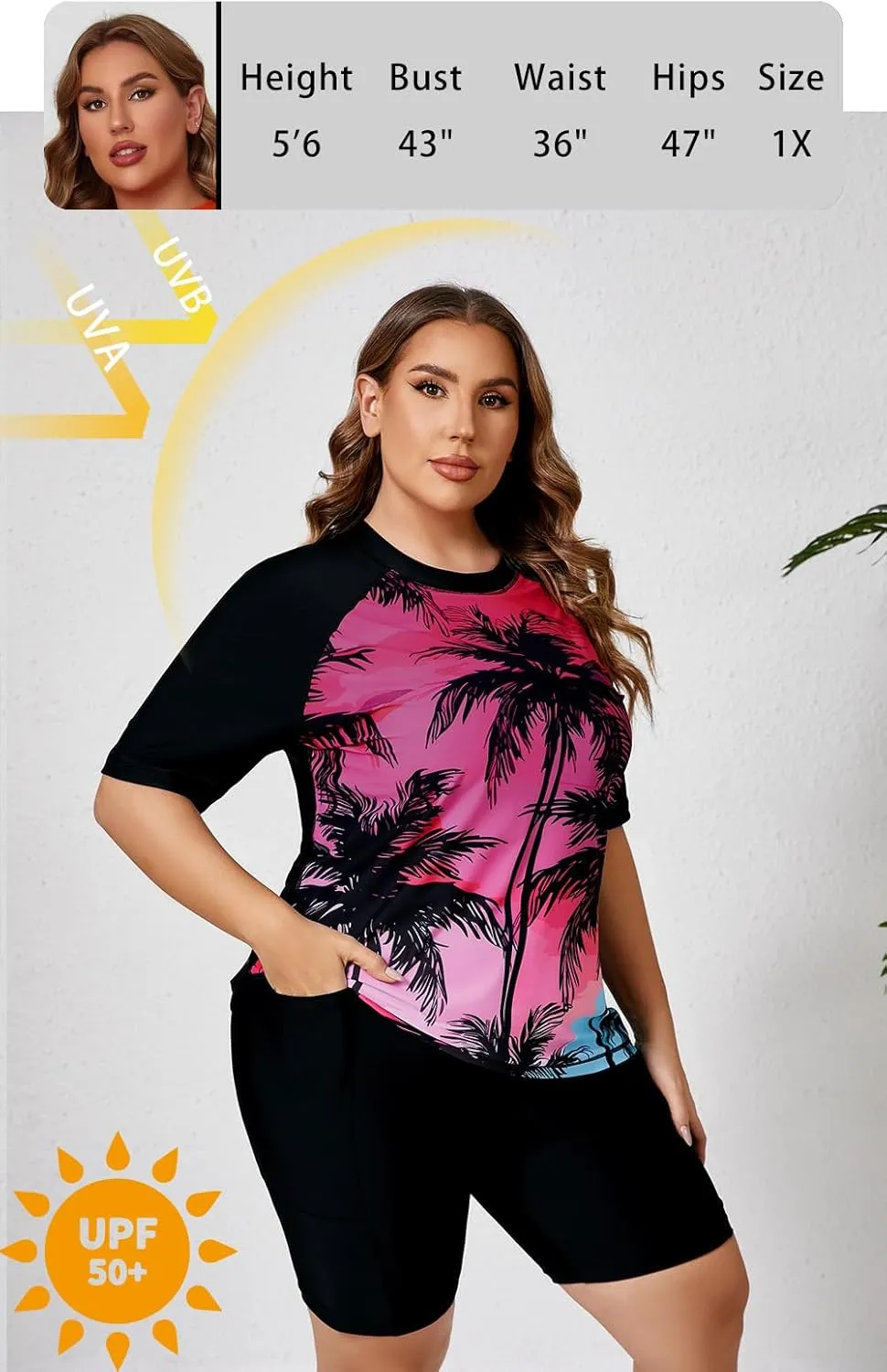 Halcurt Women's Plus Built in Bra Rash Guard Two Piece Swim Shirt and Pockets Boyleg Shorts
