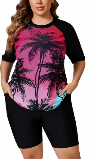 Halcurt Women's Plus Built in Bra Rash Guard Two Piece Swim Shirt and Pockets Boyleg Shorts