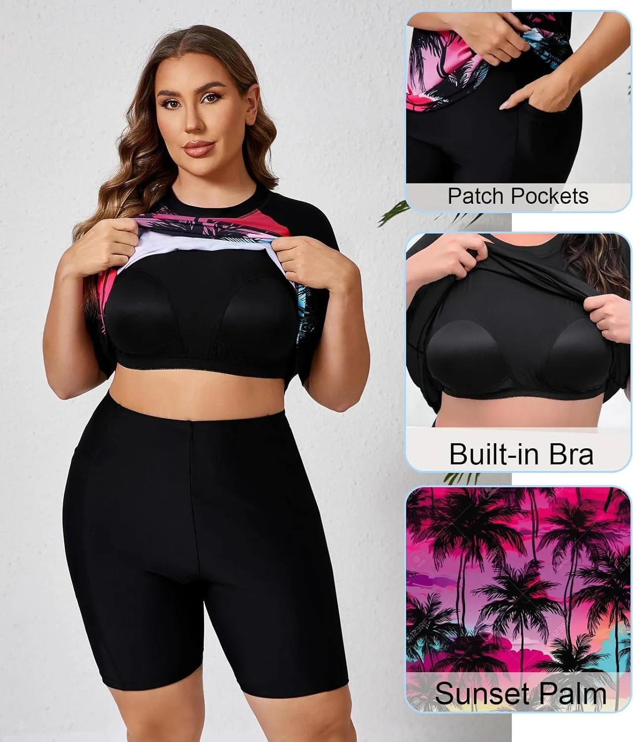 Halcurt Women's Plus Built in Bra Rash Guard Two Piece Swim Shirt and Pockets Boyleg Shorts