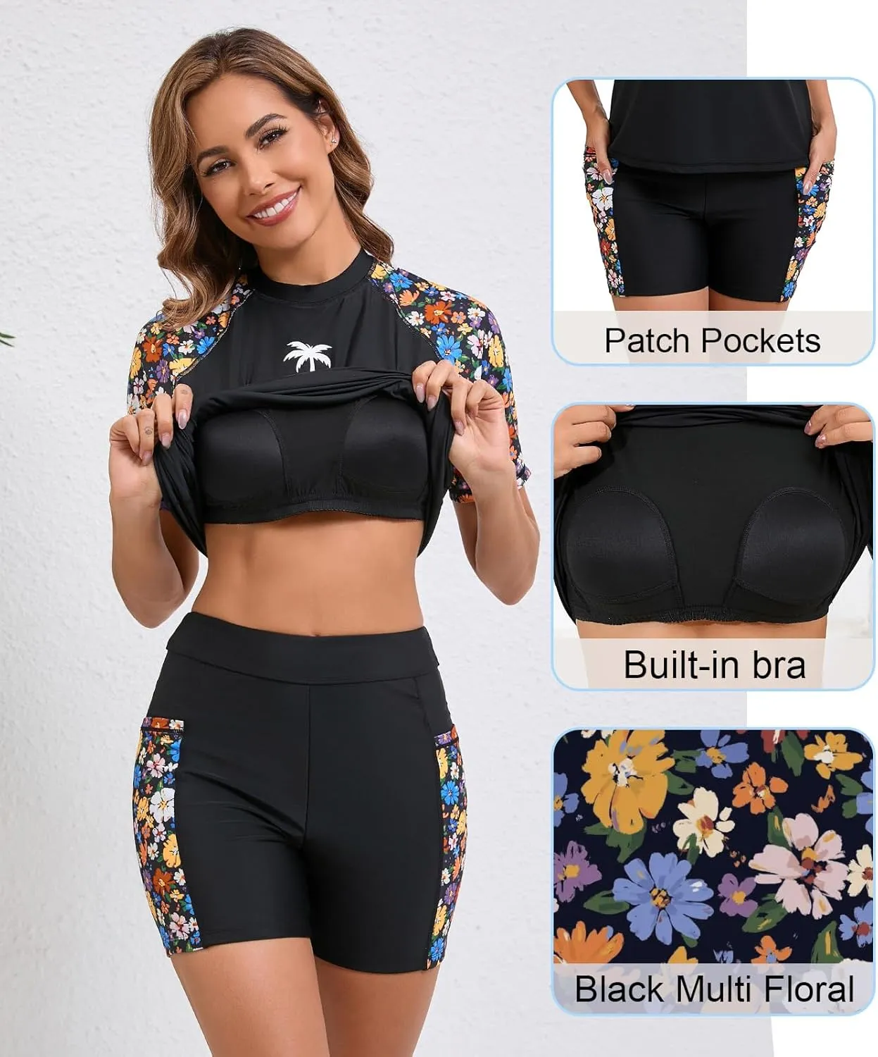 Halcurt Women's Two Piece Rash Guard Swim Shirts Built in Bra Swimsuit with Boyshorts with Pockets