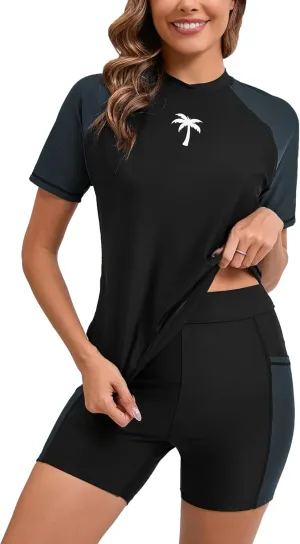 Halcurt Women's Two Piece Rash Guard Swim Shirts Built in Bra Swimsuit with Boyshorts with Pockets