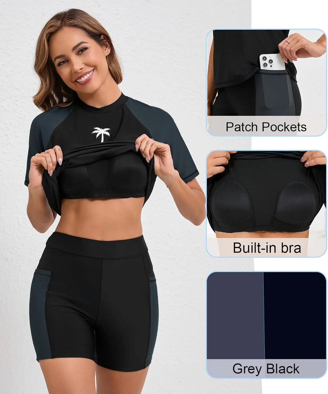 Halcurt Women's Two Piece Rash Guard Swim Shirts Built in Bra Swimsuit with Boyshorts with Pockets
