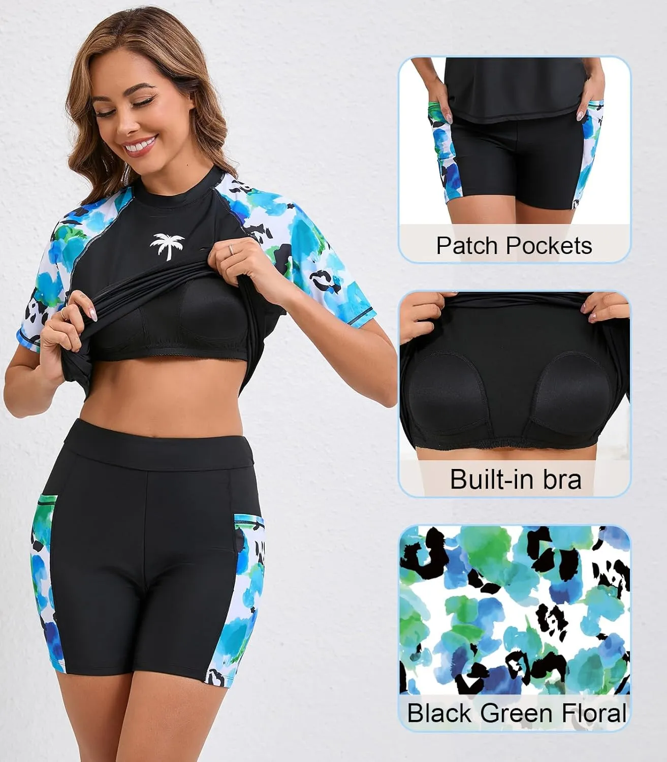 Halcurt Women's Two Piece Rash Guard Swim Shirts Built in Bra Swimsuit with Boyshorts with Pockets