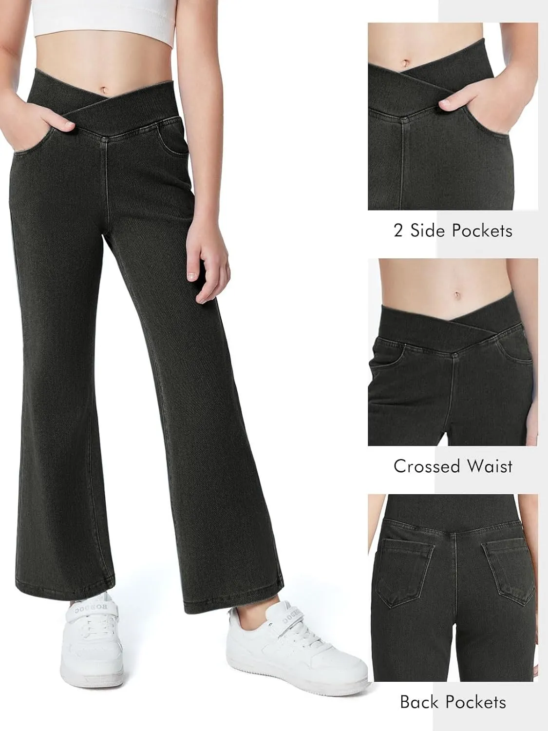 Haloumoning Girls Crossover Flare Jeans Stretchy Bootcut Yoga Pants Bell Bottoms with Pockets
