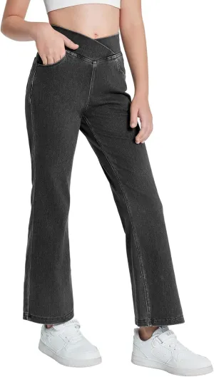 Haloumoning Girls Crossover Flare Jeans Stretchy Bootcut Yoga Pants Bell Bottoms with Pockets