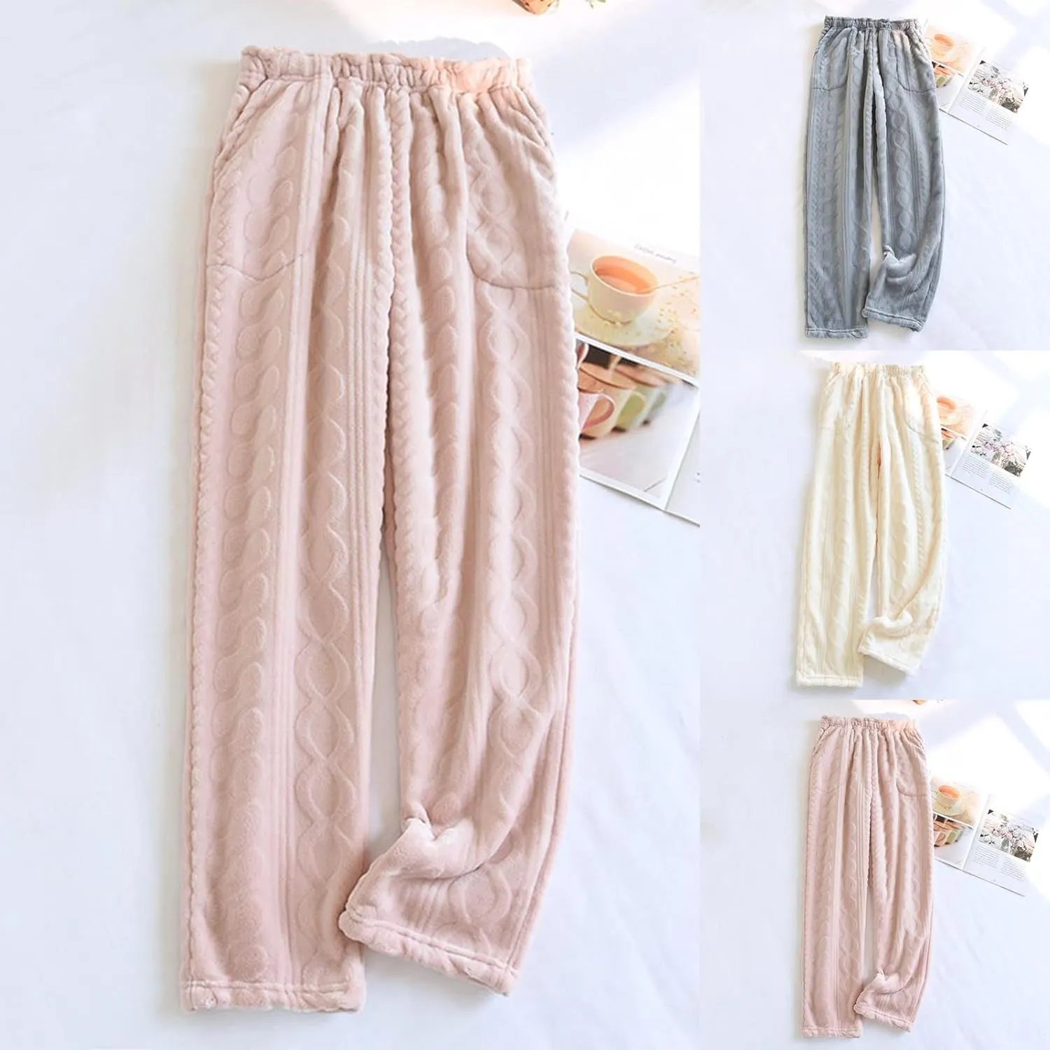 HGps8w Womens Flannel Plush Pajama Pants - Warm Fuzzy Fleece Soft Outdoor Lounge Pants Comfy Fluffy Pjs Bottom Sleepwear
