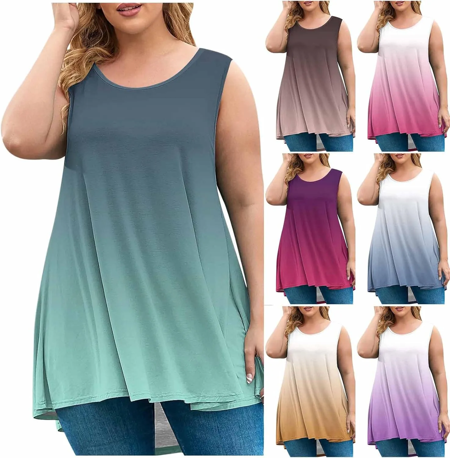 HGps8w Women's Plus Size Tank Tops Dressy Casual 2025 Summer Gradient Blouse Loose Crewneck Sleeveless Flowy Tunic T-Shirts