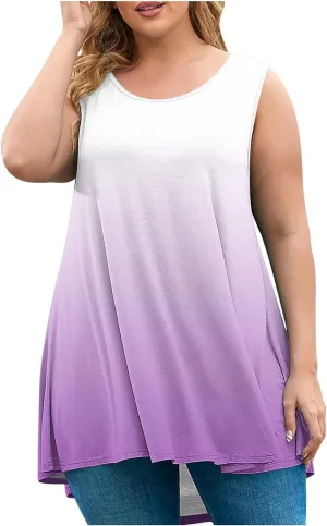 HGps8w Women's Plus Size Tank Tops Dressy Casual 2025 Summer Gradient Blouse Loose Crewneck Sleeveless Flowy Tunic T-Shirts