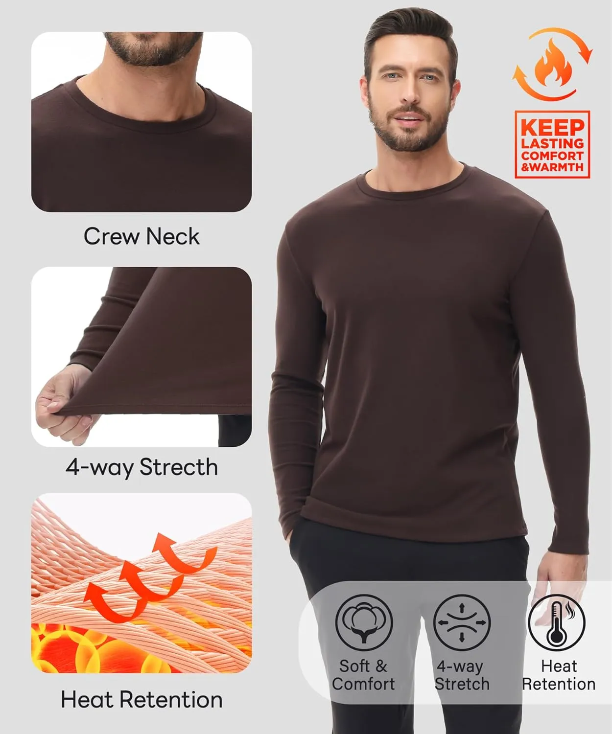 HUGE SPORTS Thermal Underwear for Men Long Sleeve Thermal Shirts Fleece Lined Crew Neck Base Layer Thermal Underwear Top