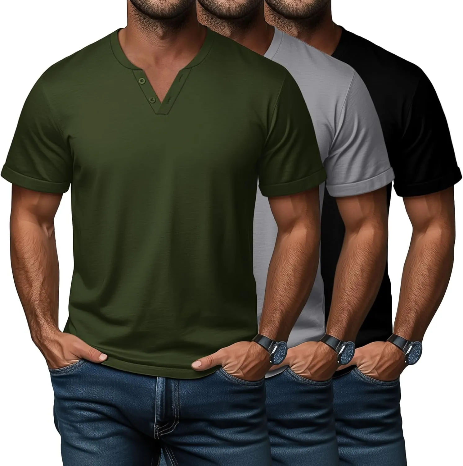 Huukeay 3 Pack Big and Tall Men's Short Sleeve Henley T Shirts Cotton Summer Casual Basic Tee Button Lightweight Stretch Top