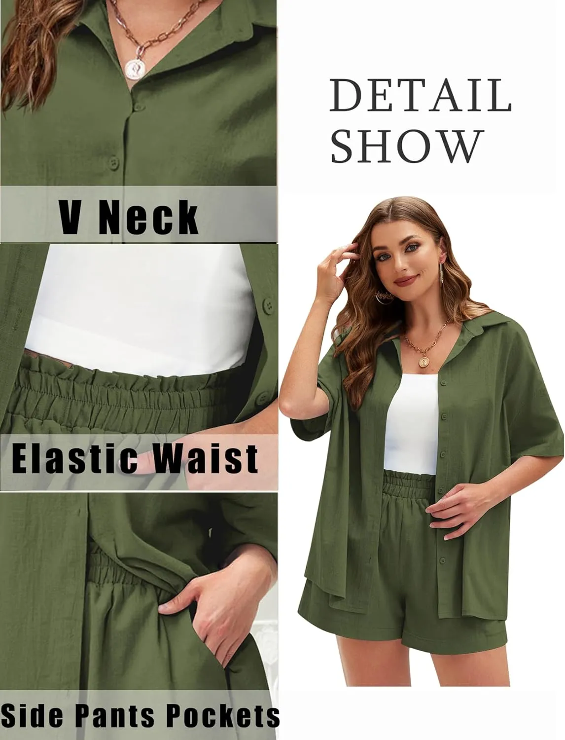 IN'VOLAND Women's Plus Size 2 Piece Tracksuit Outfits Sets Cotton Linen Sets Short Sleeve Shirt Summer Casual Shorts Set