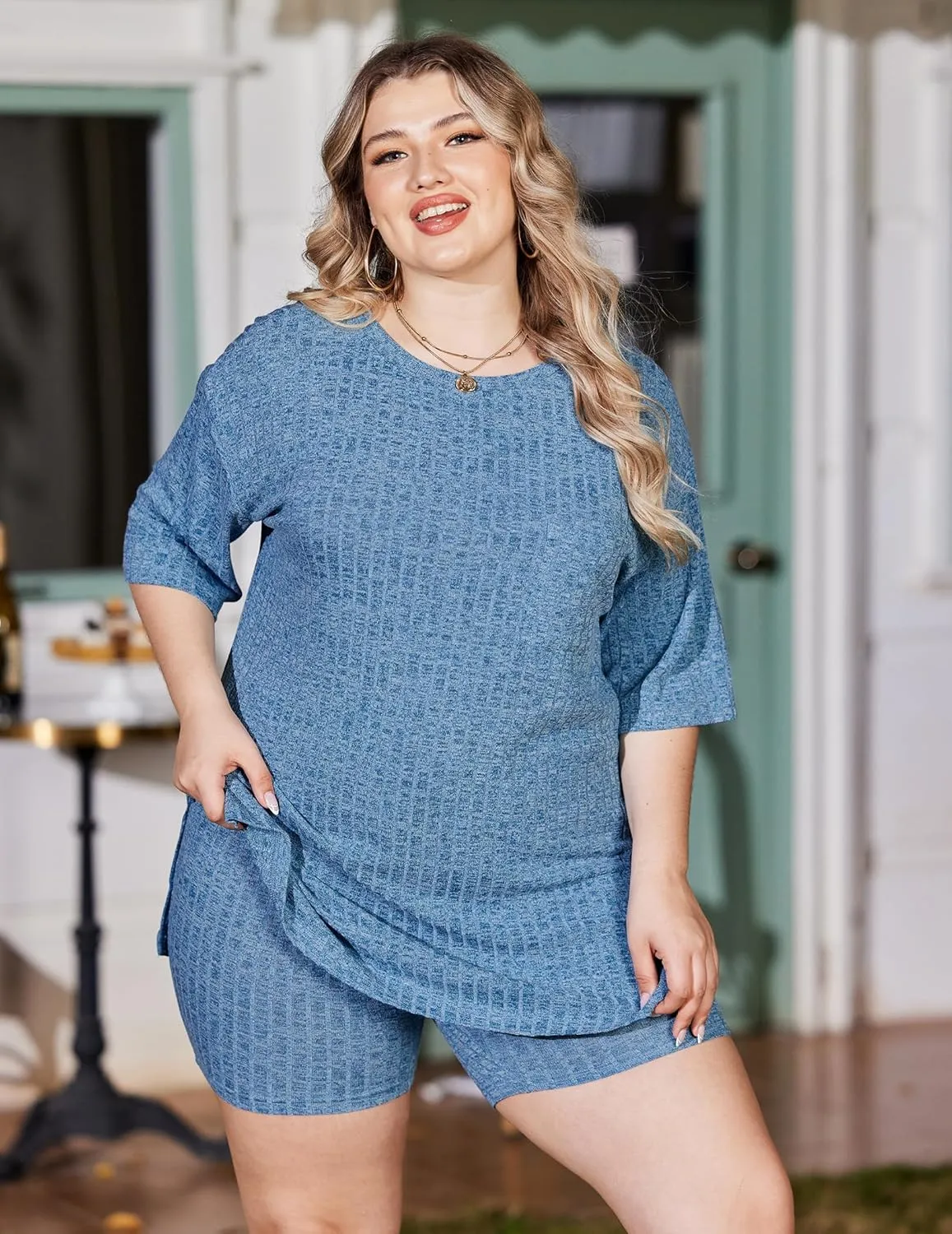 IN'VOLAND Women's Plus Size 2 Piece Tracksuit Outfits Sets Ribbed Knit Sets Short Sleeve Top Drawstring Casual Shorts Set