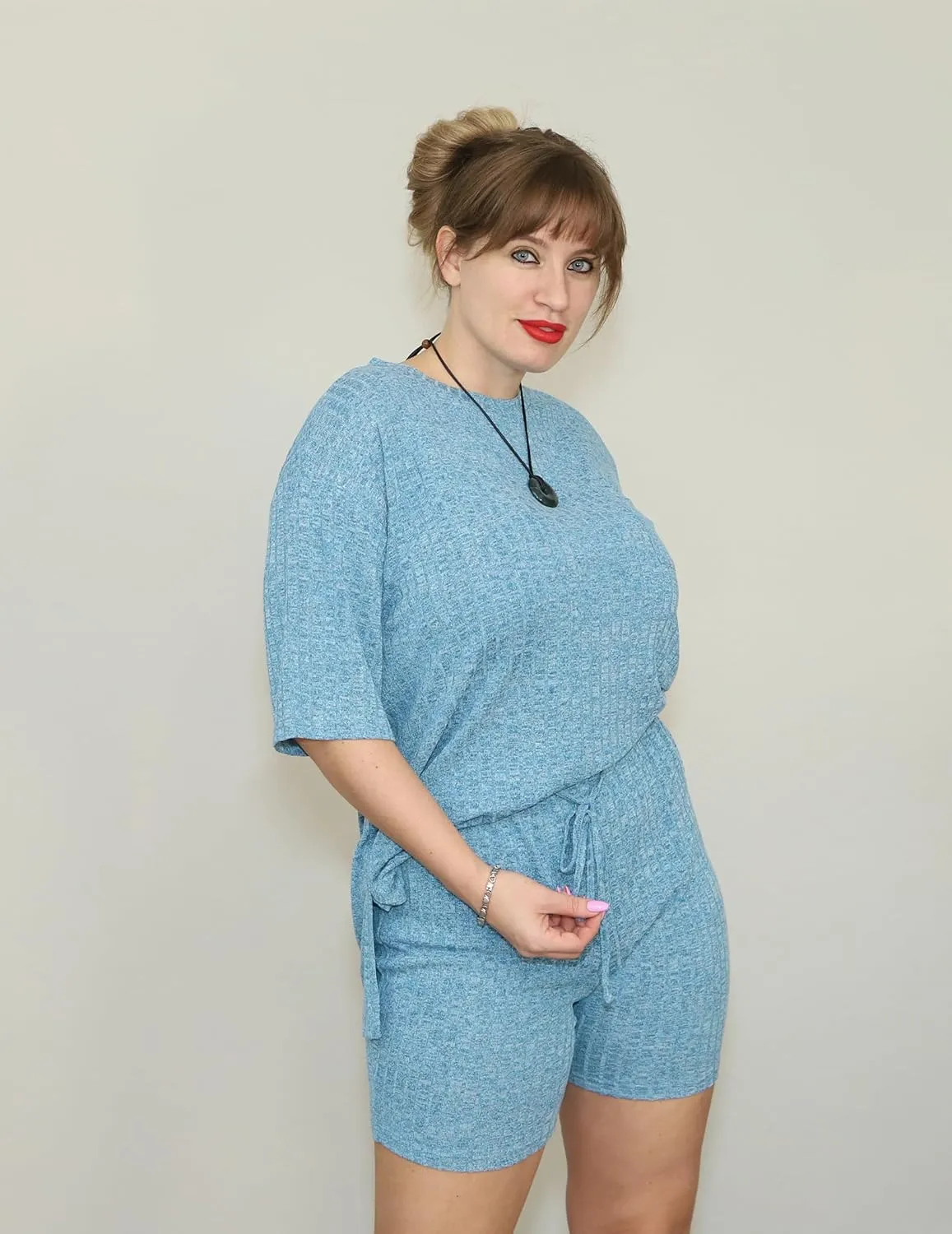 IN'VOLAND Women's Plus Size 2 Piece Tracksuit Outfits Sets Ribbed Knit Sets Short Sleeve Top Drawstring Casual Shorts Set