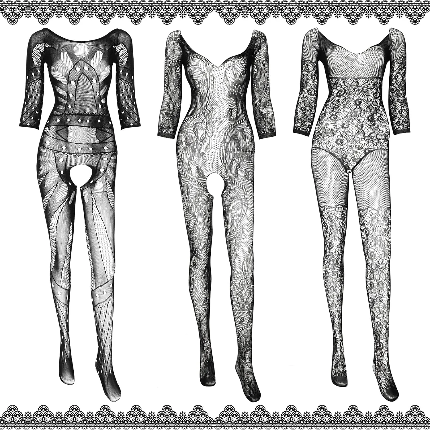 Jeyiour Black Lingerie Bodysuit with Garter Belt Fishnet doll Lingerie Lace Bodysuit Body Lace Lingerie