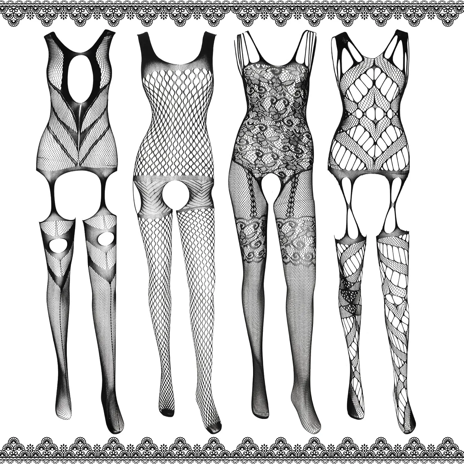 Jeyiour Black Lingerie Bodysuit with Garter Belt Fishnet doll Lingerie Lace Bodysuit Body Lace Lingerie