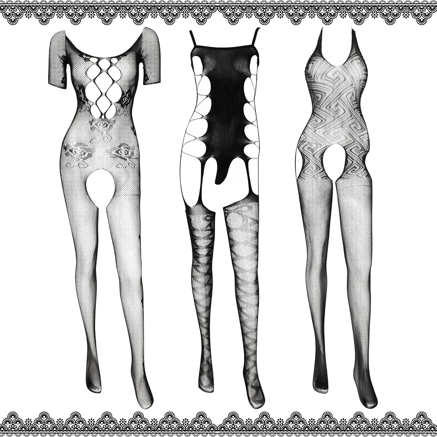 Jeyiour Black Lingerie Bodysuit with Garter Belt Fishnet doll Lingerie Lace Bodysuit Body Lace Lingerie