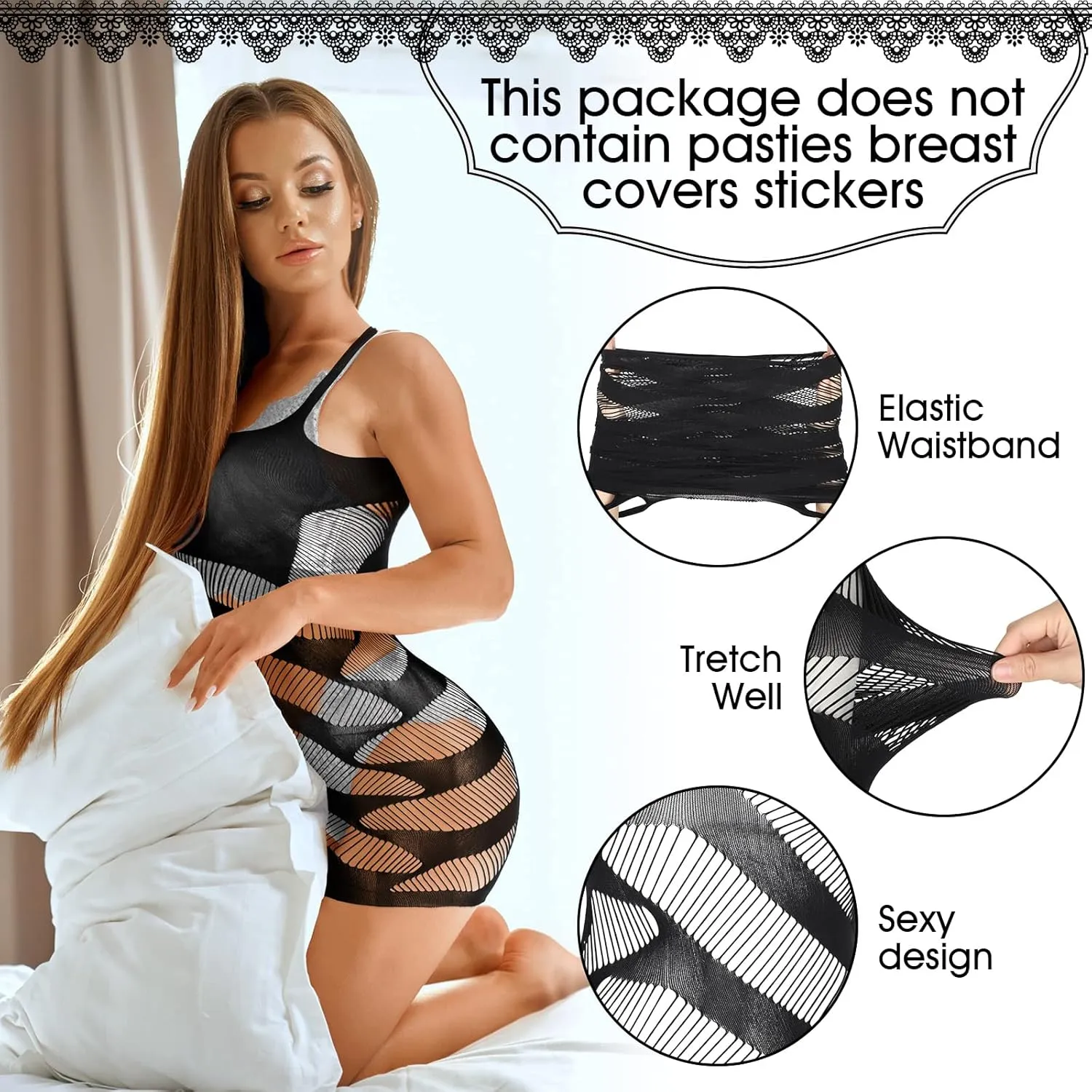 Jeyiour Black Lingerie Bodysuit with Garter Belt Fishnet doll Lingerie Lace Bodysuit Body Lace Lingerie