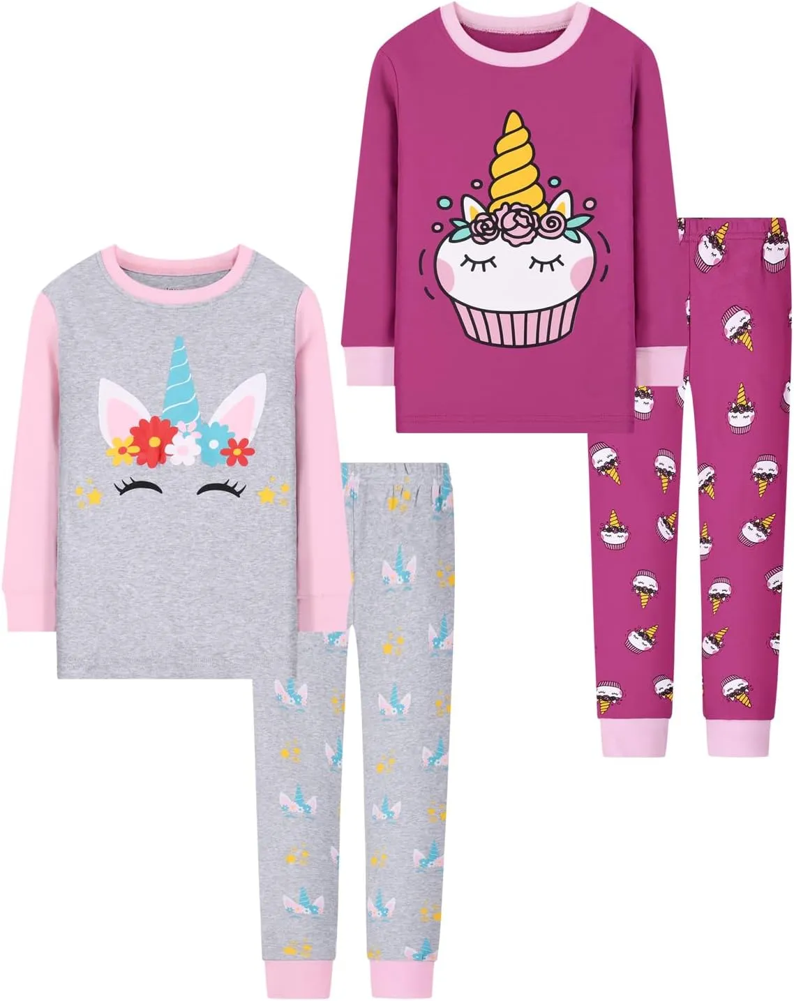 Joyond Girls' 4-Piece Snug Fit Cotton Pajama Set Size 2T-12Years, Kids Girls Long-Sleeve Clothes Top and Pants Sleepwear Sets